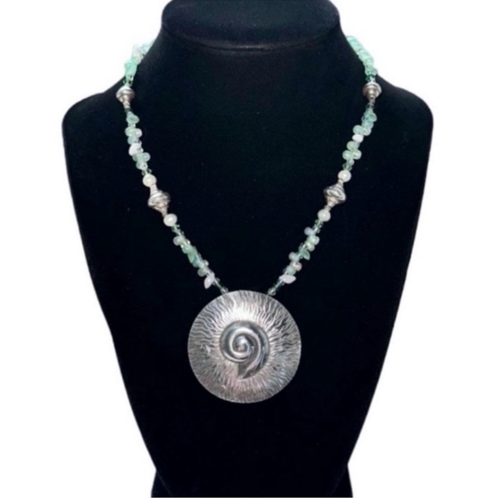 Sterling Silver Round Nautilus Shell Pendant Beaded Necklace with Silver Charms